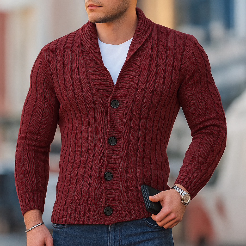 Men's cable knit cardigan with shawl collar and button front