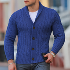 Men's cable knit cardigan with shawl collar and button front