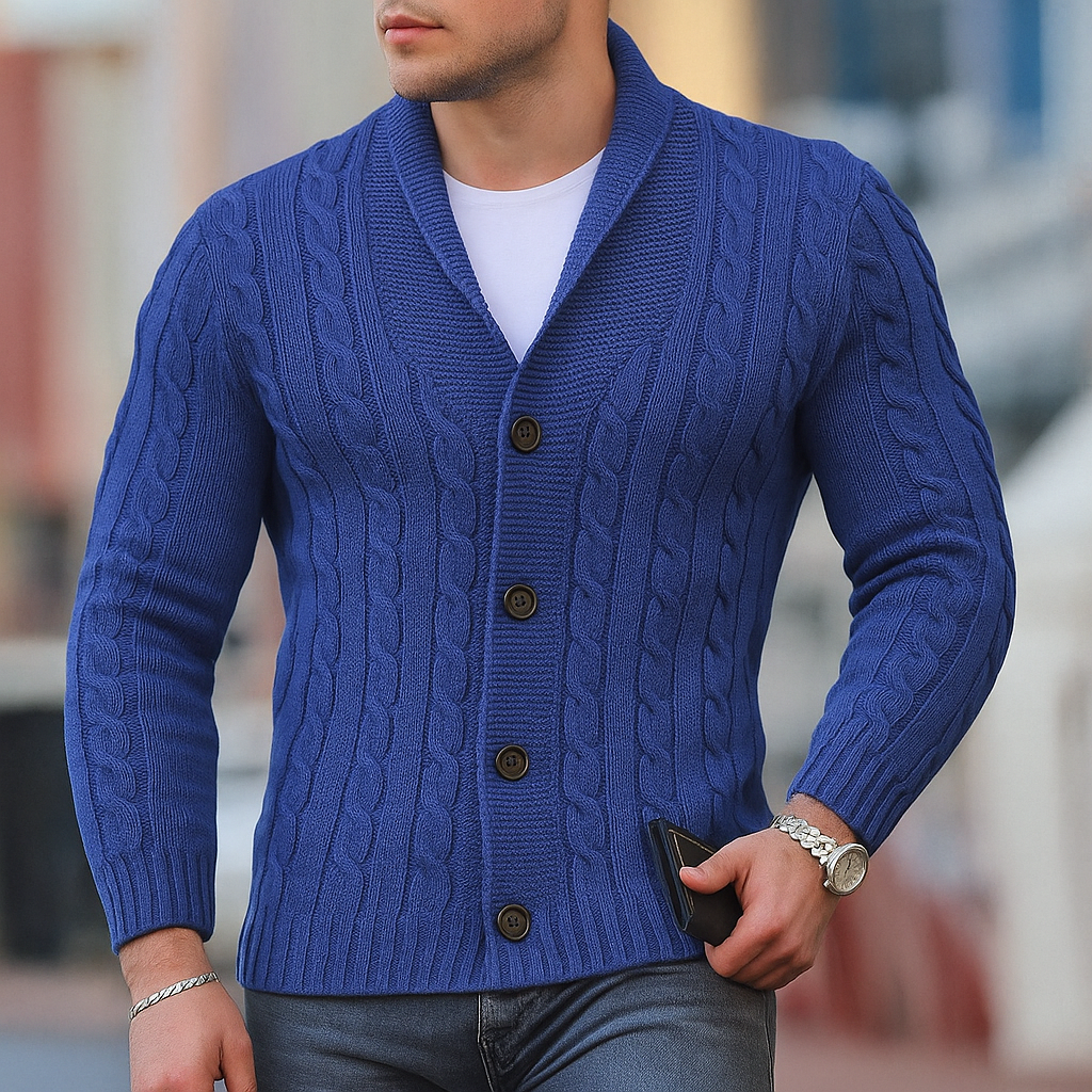 Men's cable knit cardigan with shawl collar and button front