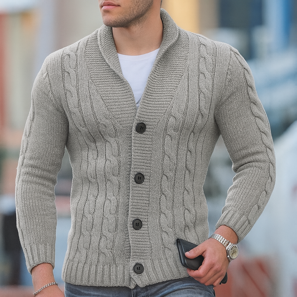 Men's cable knit cardigan with shawl collar and button front