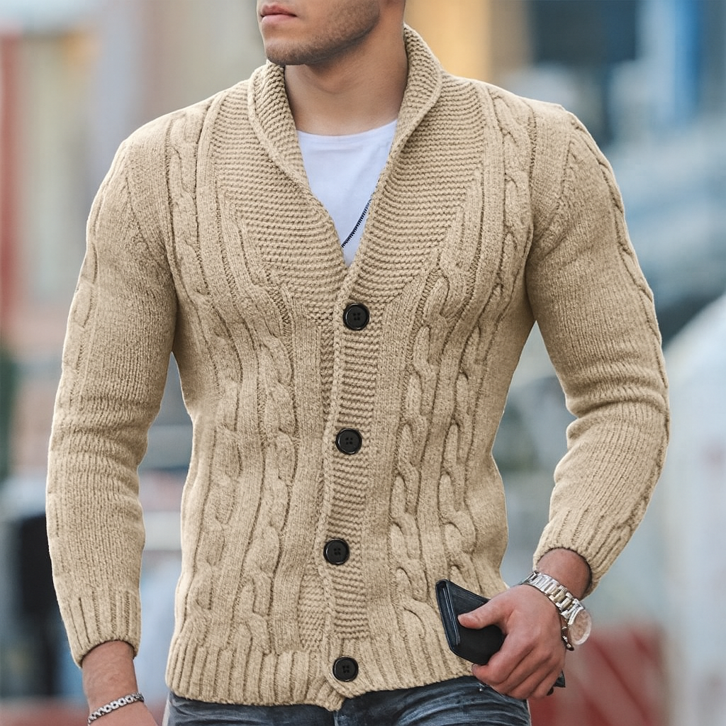 Men's cable knit cardigan with shawl collar and button front