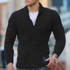 Men's cable knit cardigan with shawl collar and button front