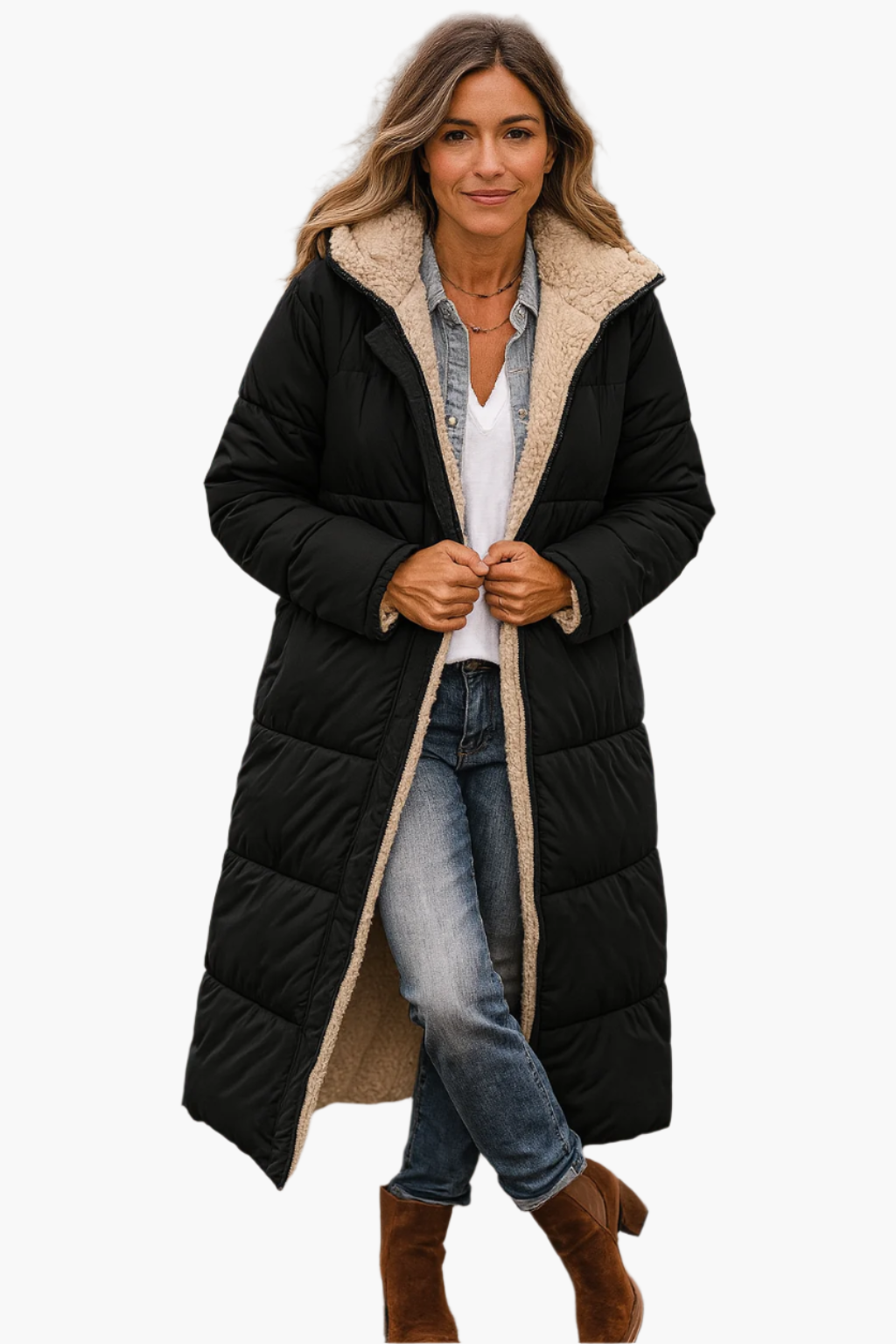 Women's long winter coat with zip front
