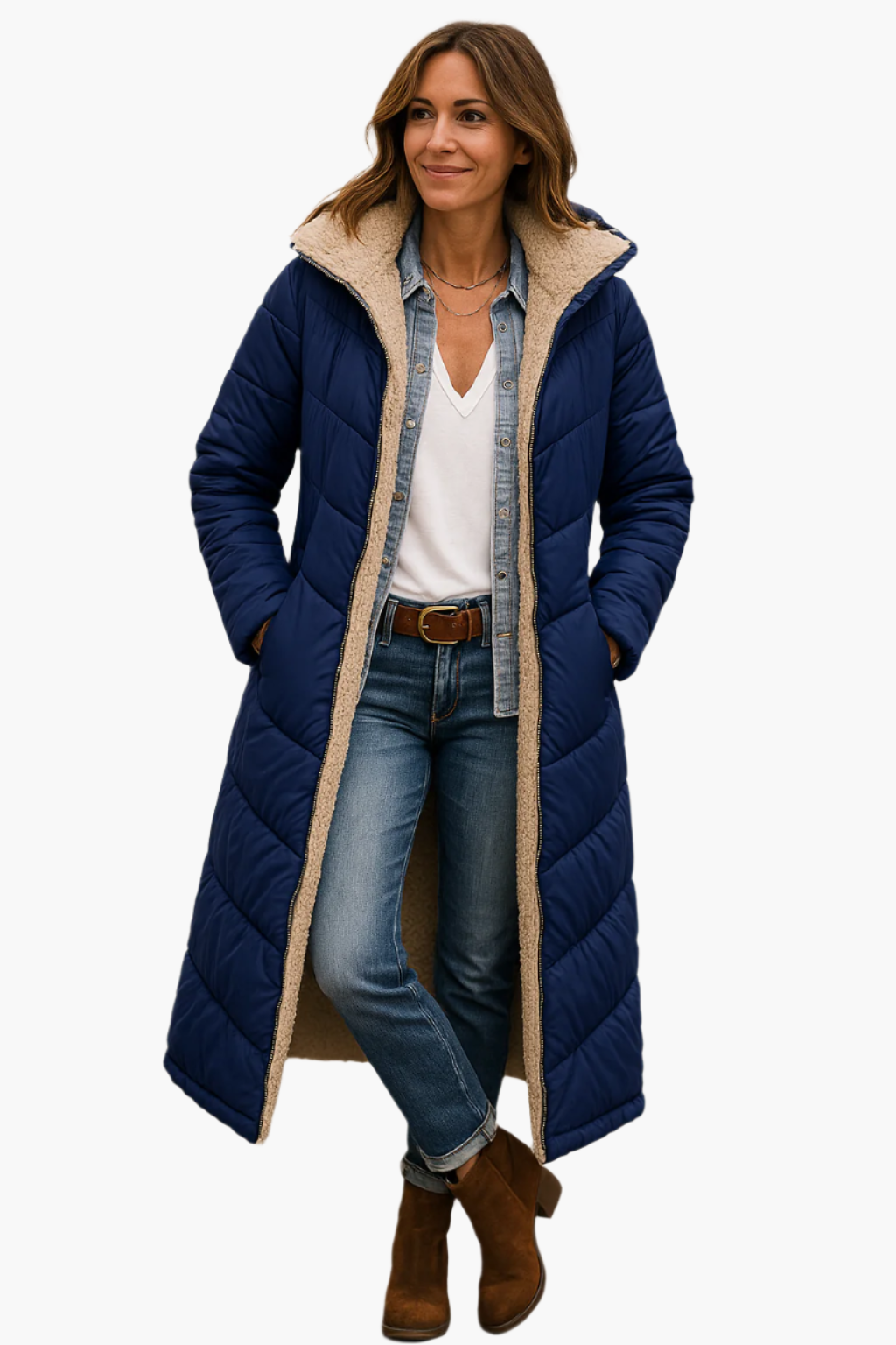 Women's long winter coat with zip front