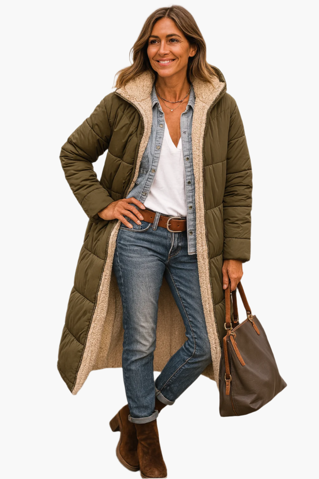 Women's long winter coat with zip front
