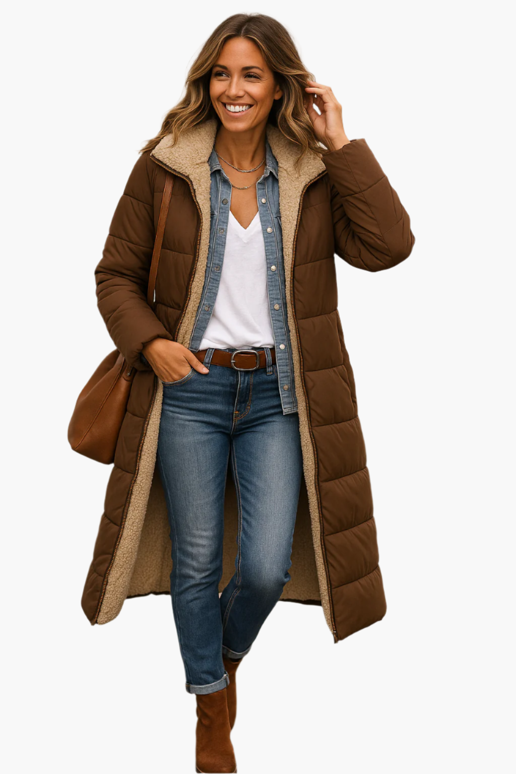 Women's long winter coat with zip front
