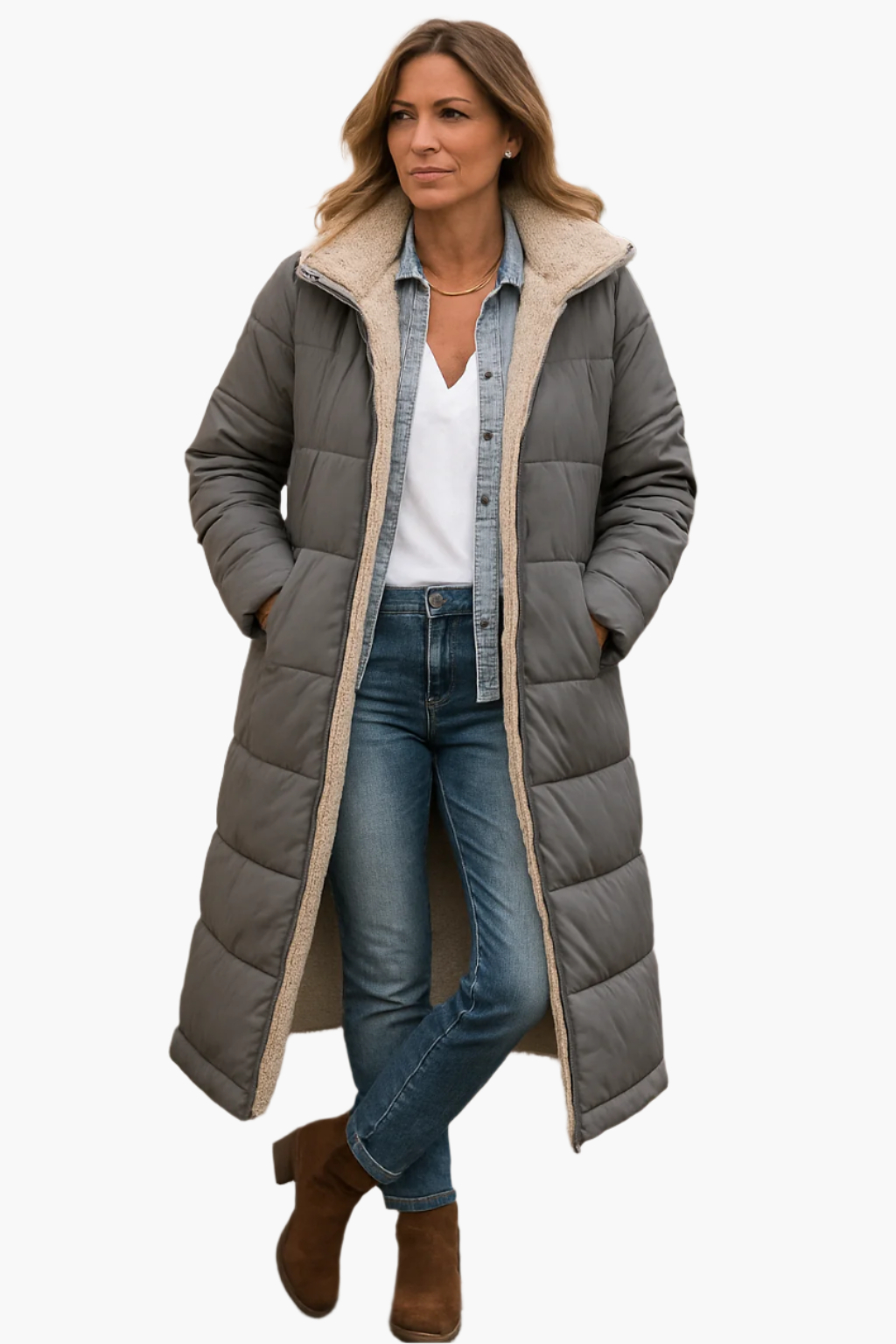 Women's long winter coat with zip front