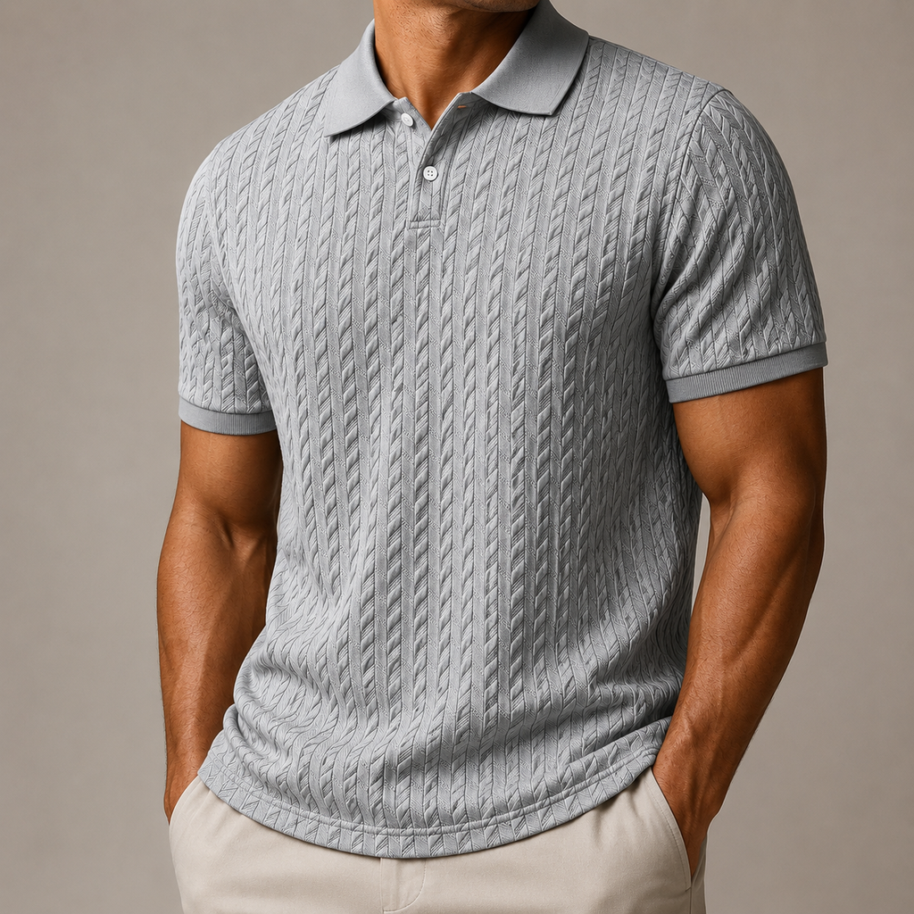 Men's textured cable knit polo shirt with collar and short sleeves