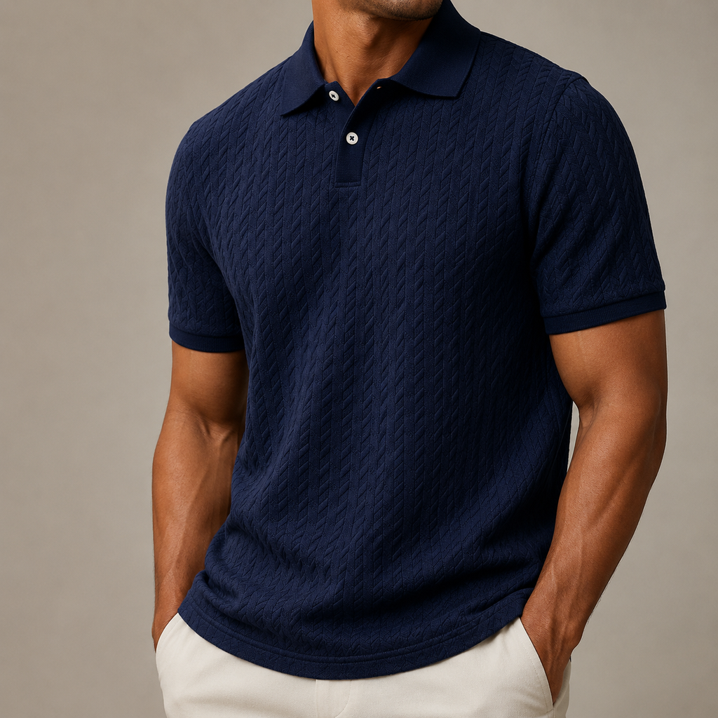 Men's textured cable knit polo shirt with collar and short sleeves