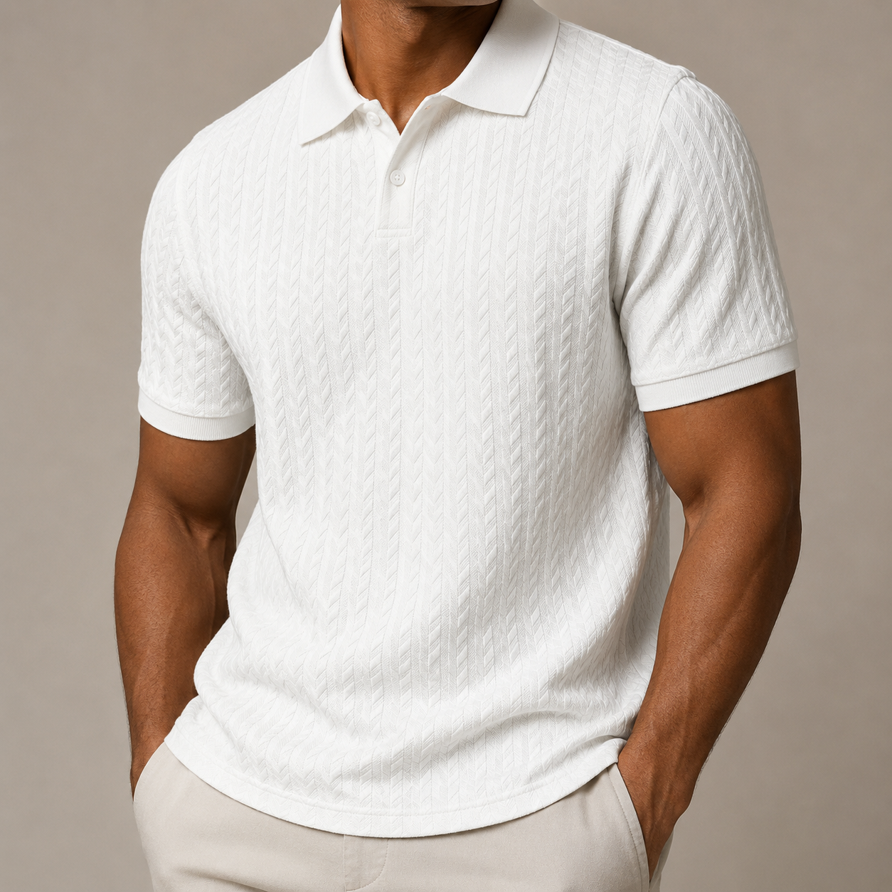 Men's textured cable knit polo shirt with collar and short sleeves