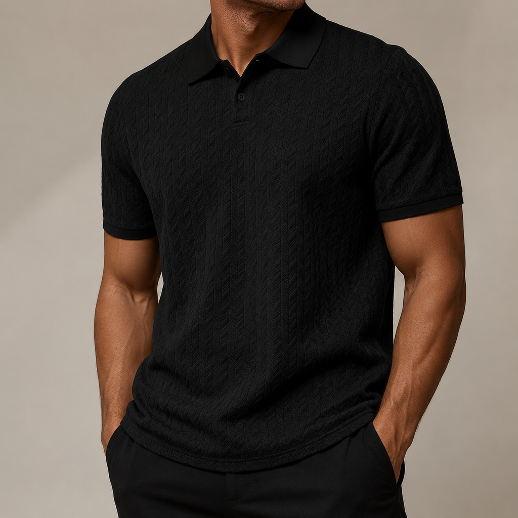 Men's textured cable knit polo shirt with collar and short sleeves