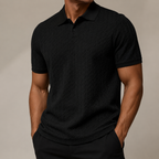 Men's textured cable knit polo shirt with collar and short sleeves