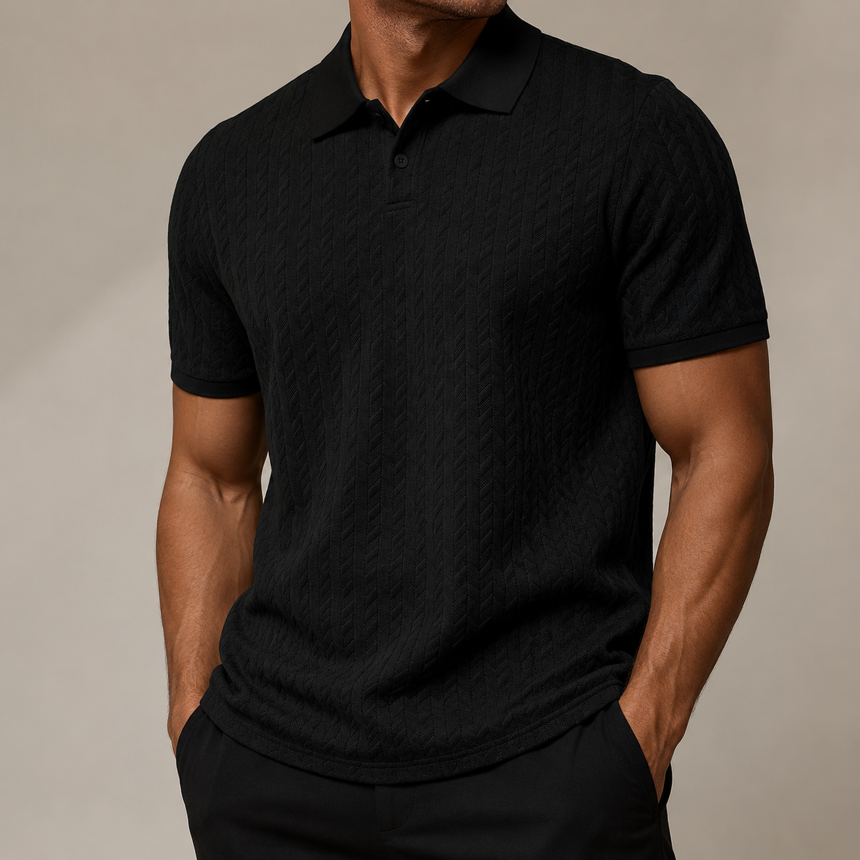Men's textured cable knit polo shirt with collar and short sleeves