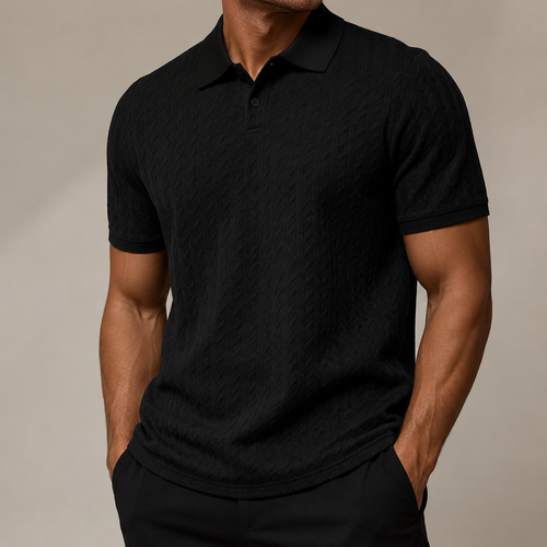 Men's textured cable knit polo shirt with collar and short sleeves