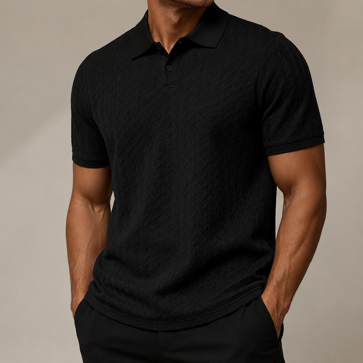 Men's textured cable knit polo shirt with collar and short sleeves