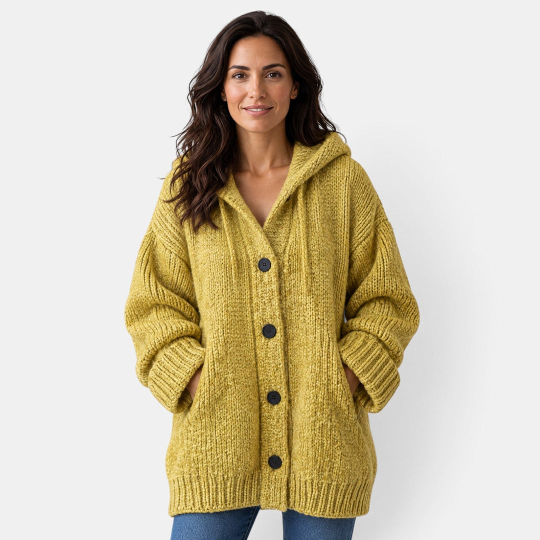 Women's long hooded chunky knit cardigan with button front and ribbed trims