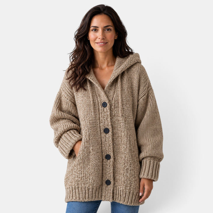 Women's long hooded chunky knit cardigan with button front and ribbed trims