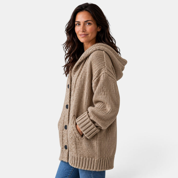 Women's long hooded chunky knit cardigan with button front and ribbed trims