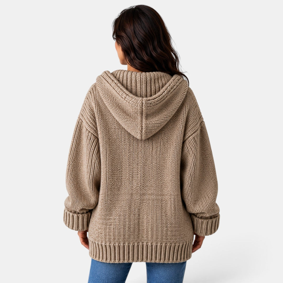 Women's long hooded chunky knit cardigan with button front and ribbed trims