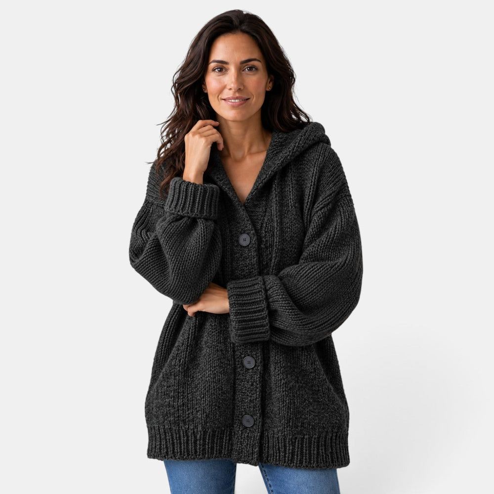 Women's long hooded chunky knit cardigan with button front and ribbed trims