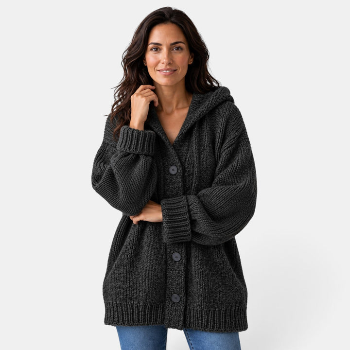 Women's long hooded chunky knit cardigan with button front and ribbed trims