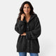 Women's long hooded chunky knit cardigan with button front and ribbed trims