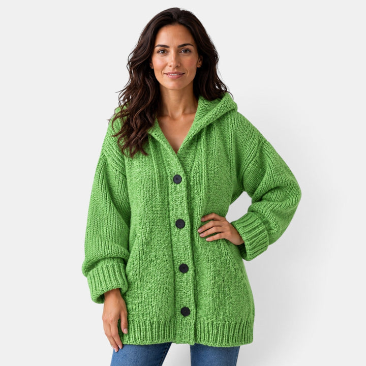 Women's long hooded chunky knit cardigan with button front and ribbed trims