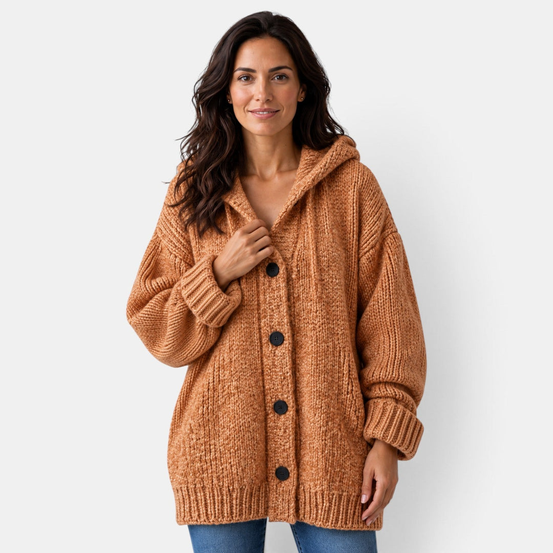 Women's long hooded chunky knit cardigan with button front and ribbed trims
