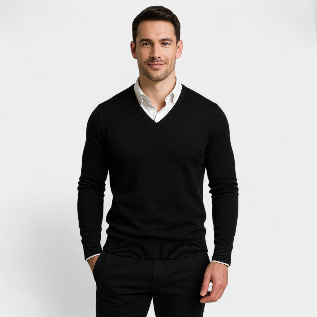 Men's V-neck fine knit jumper with long sleeves and ribbed trims