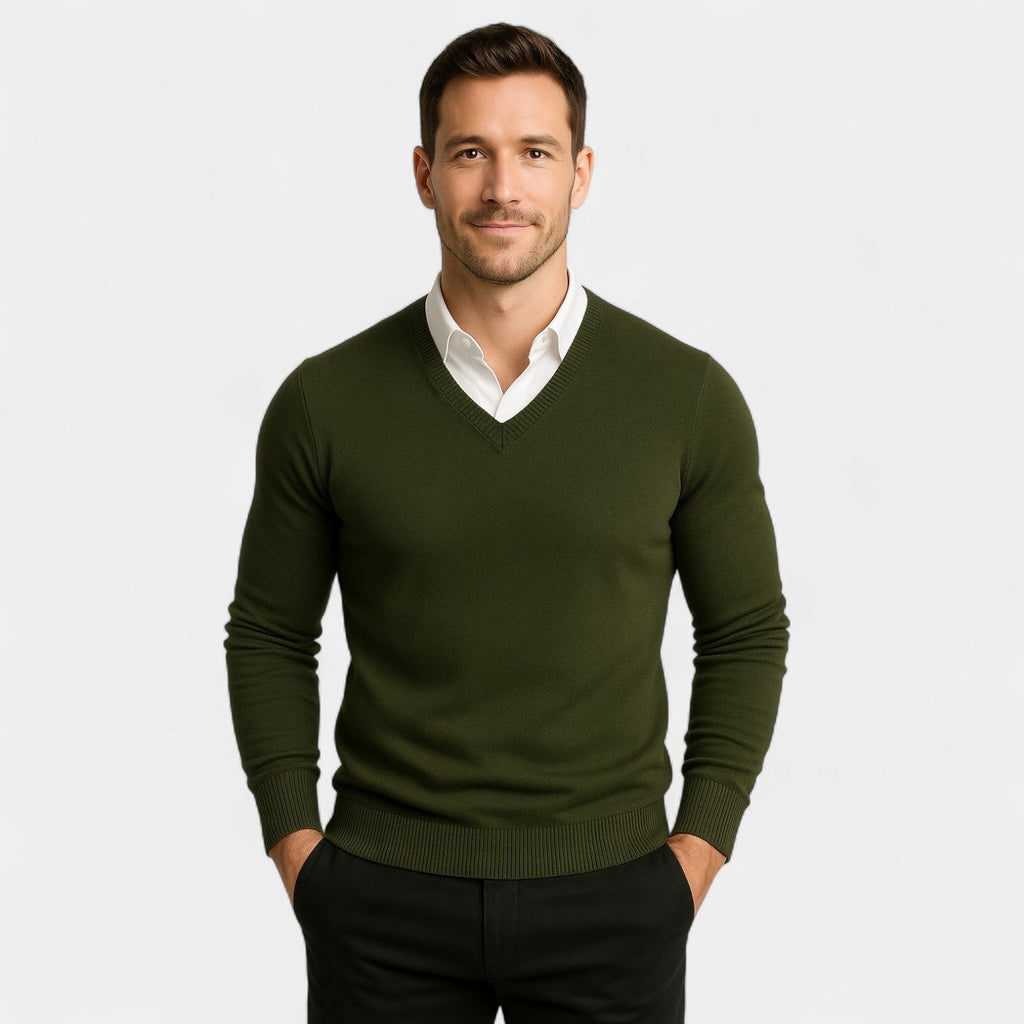 Men's V-neck fine knit jumper with long sleeves and ribbed trims
