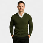 Men's V-neck fine knit jumper with long sleeves and ribbed trims