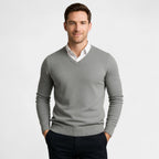 Men's V-neck fine knit jumper with long sleeves and ribbed trims
