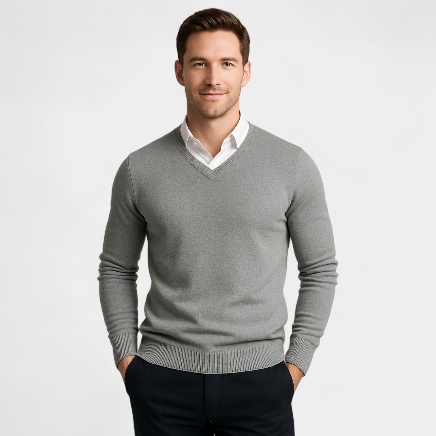 Men's V-neck fine knit jumper with long sleeves and ribbed trims