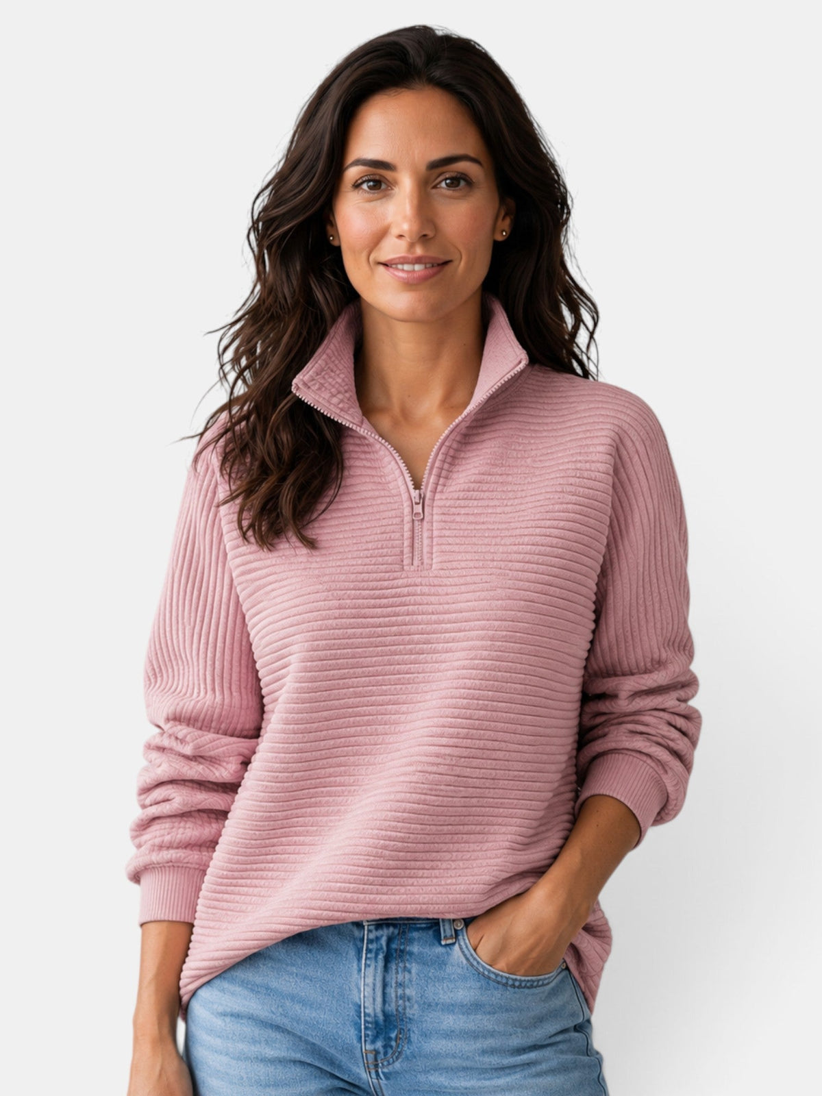 Women's ribbed half-zip jumper with high collar and long sleeves