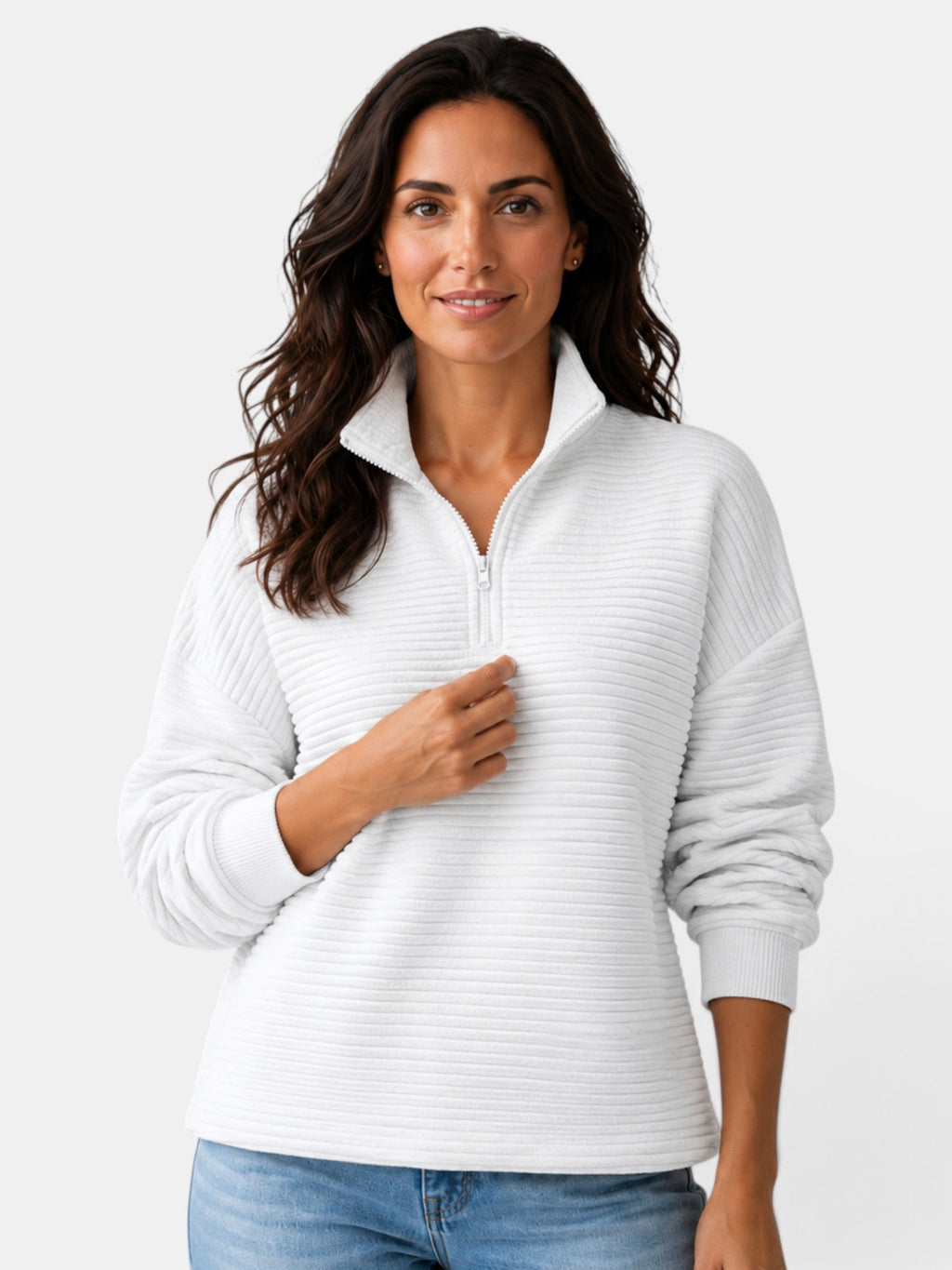 Women's ribbed half-zip jumper with high collar and long sleeves
