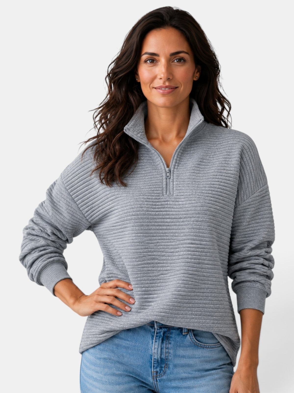 Women's ribbed half-zip jumper with high collar and long sleeves