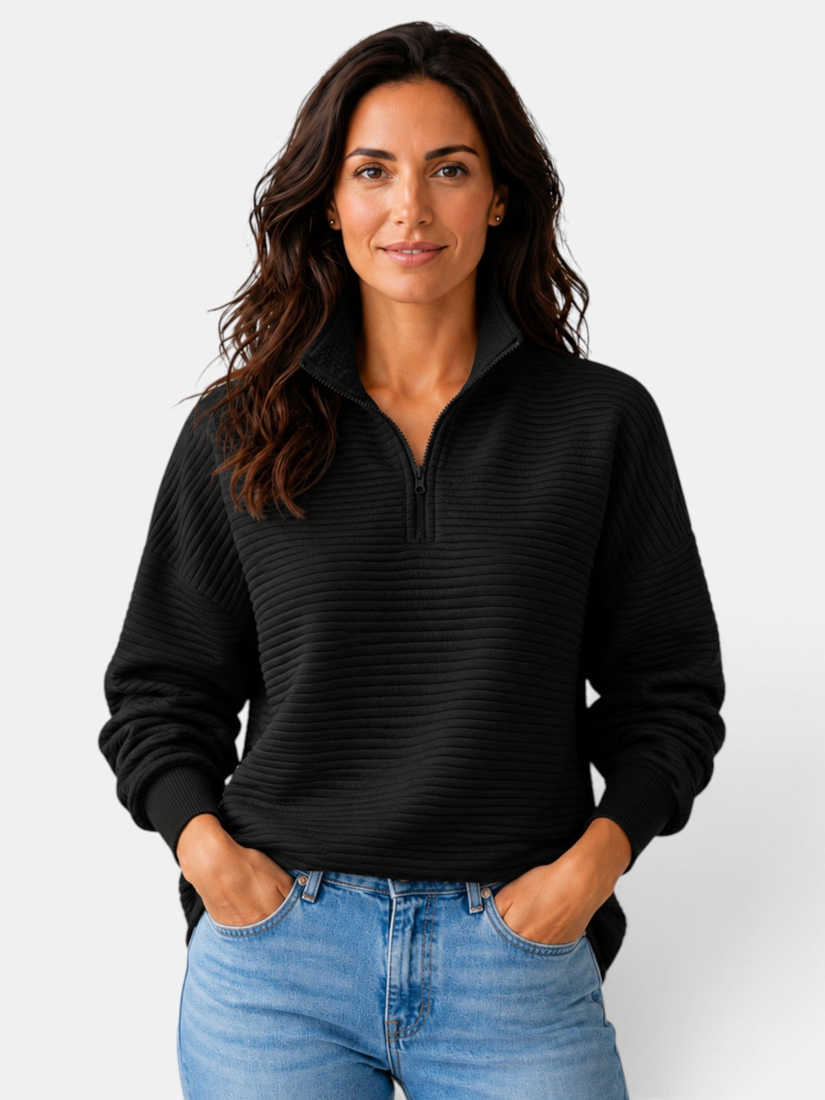Women's ribbed half-zip jumper with high collar and long sleeves