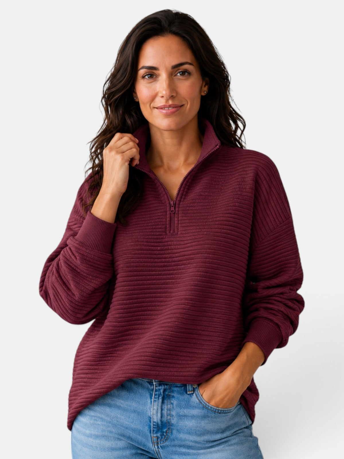 Women's ribbed half-zip jumper with high collar and long sleeves