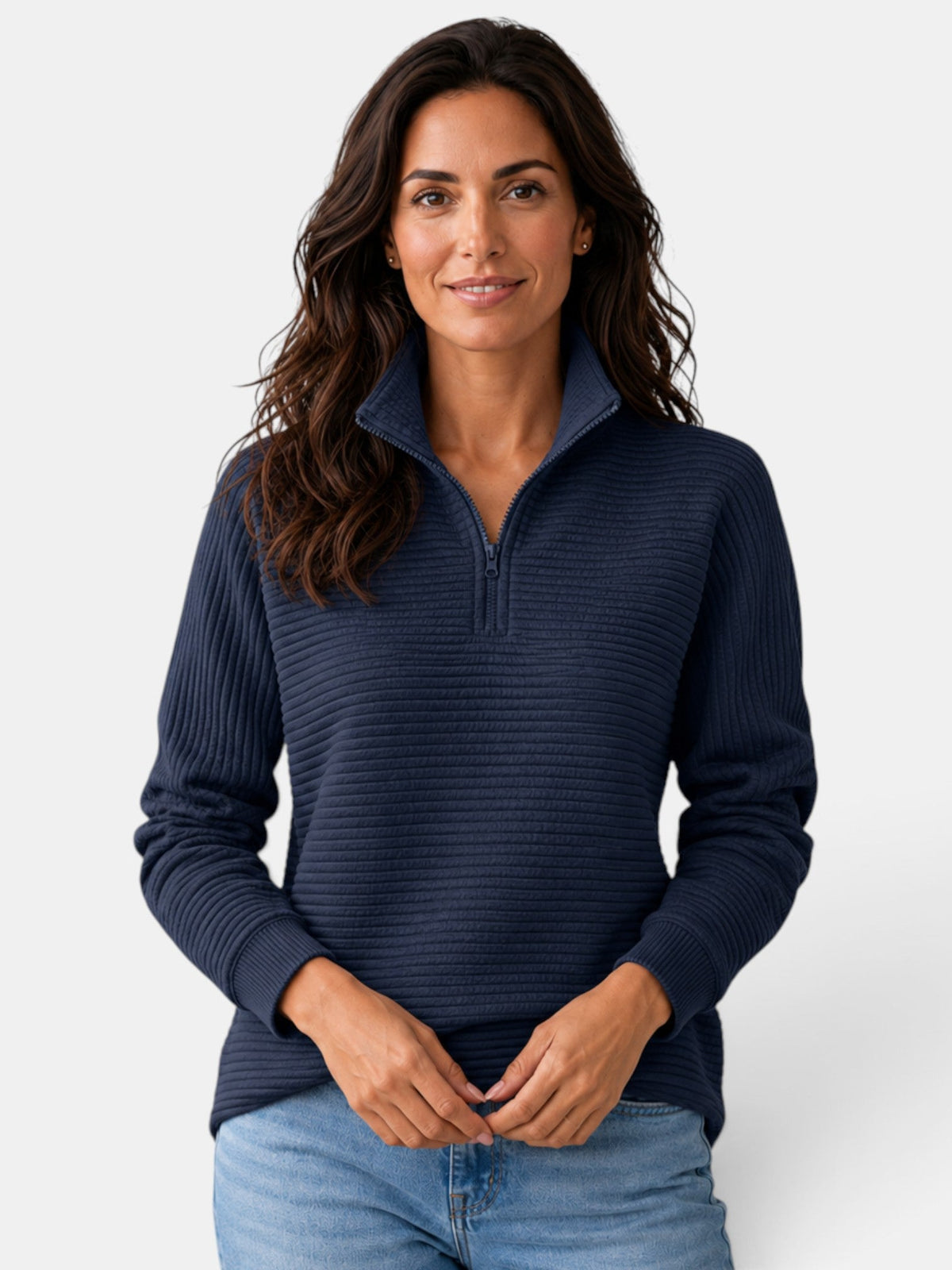 Women's ribbed half-zip jumper with high collar and long sleeves