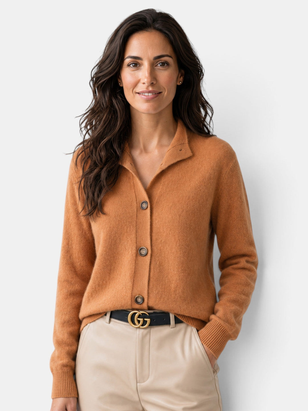 Women's short button-front knit cardigan with high collar and long sleeves