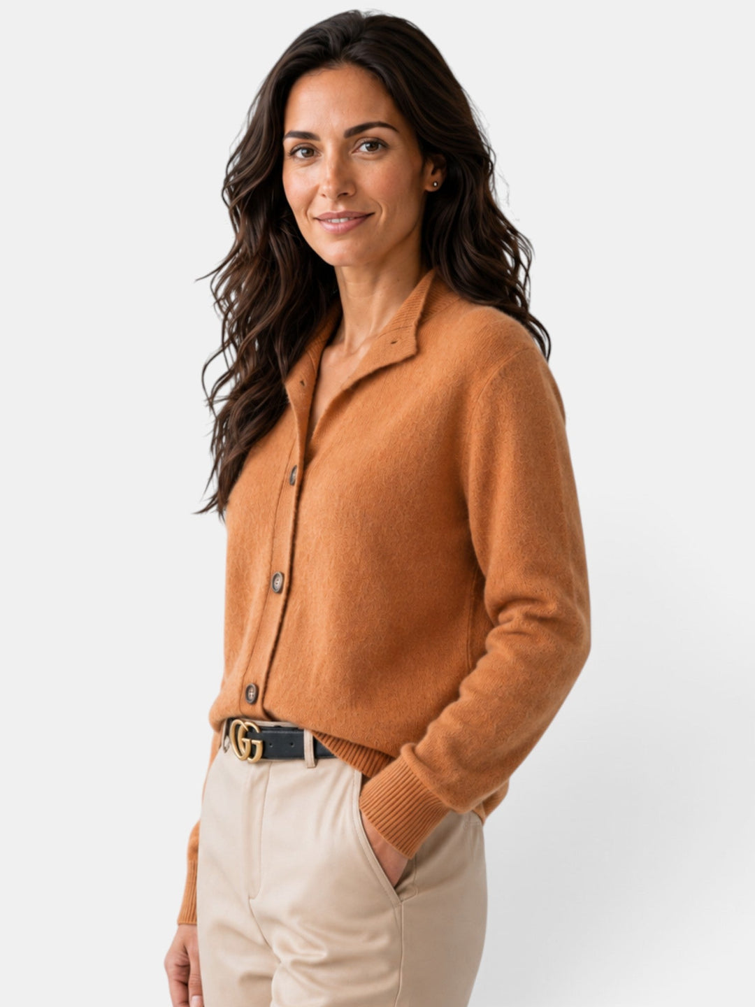 Women's short button-front knit cardigan with high collar and long sleeves