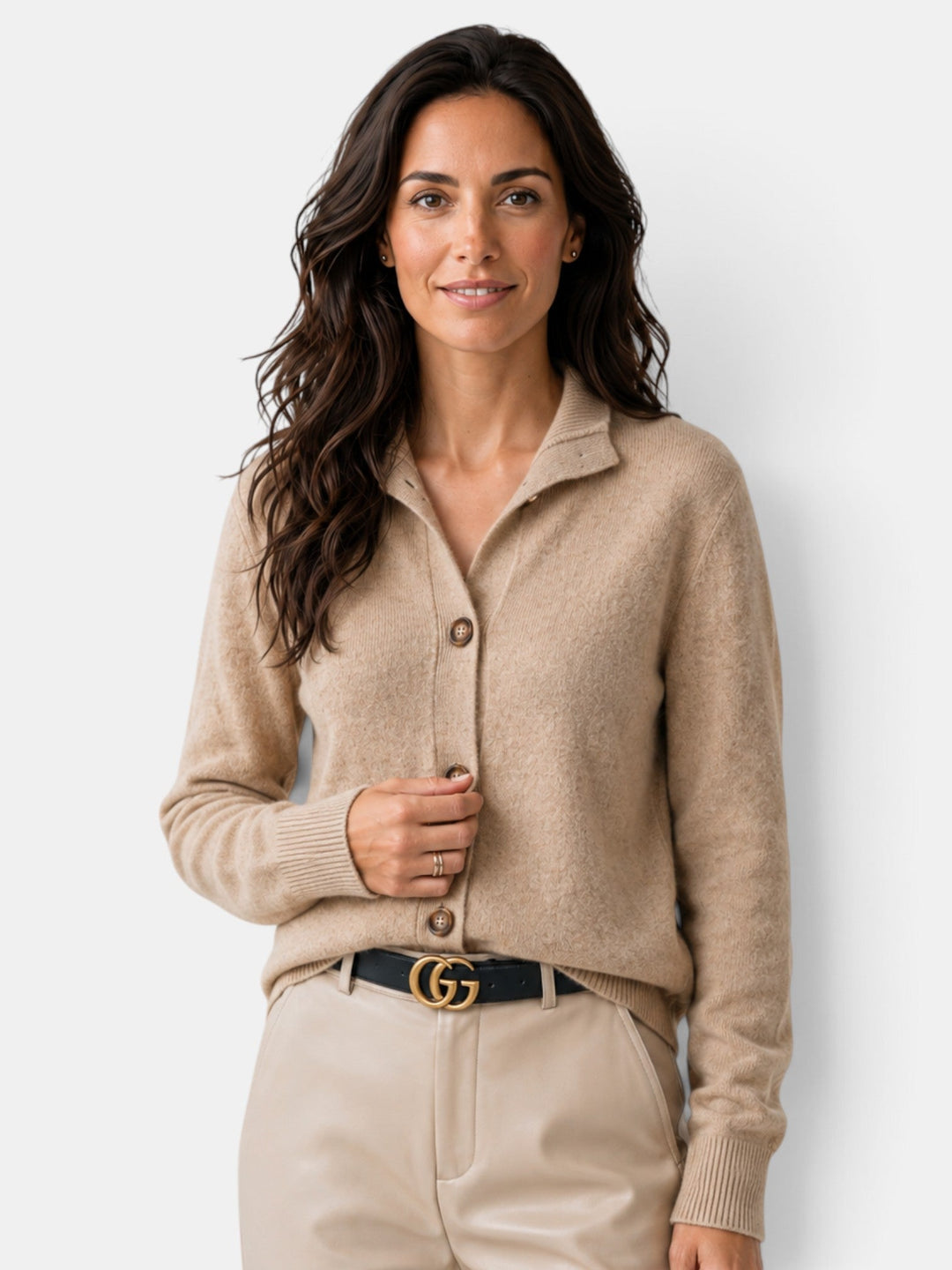 Women's short button-front knit cardigan with high collar and long sleeves