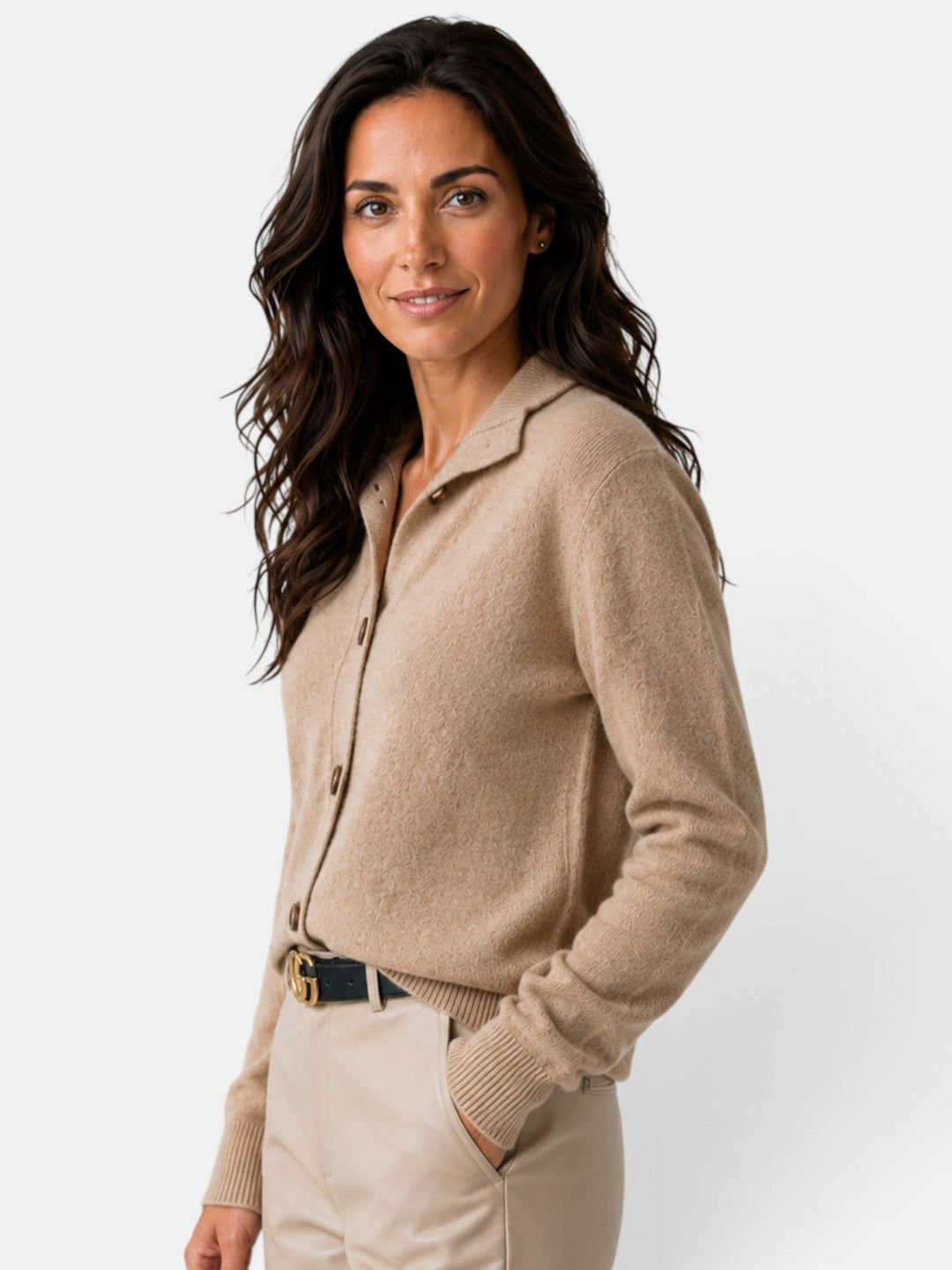 Women's short button-front knit cardigan with high collar and long sleeves