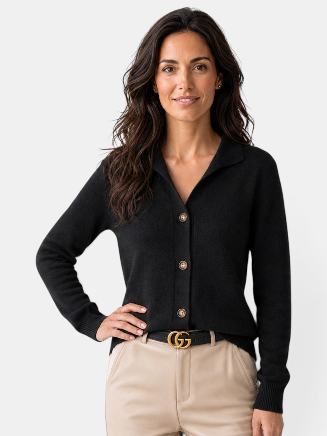 Women's short button-front knit cardigan with high collar and long sleeves