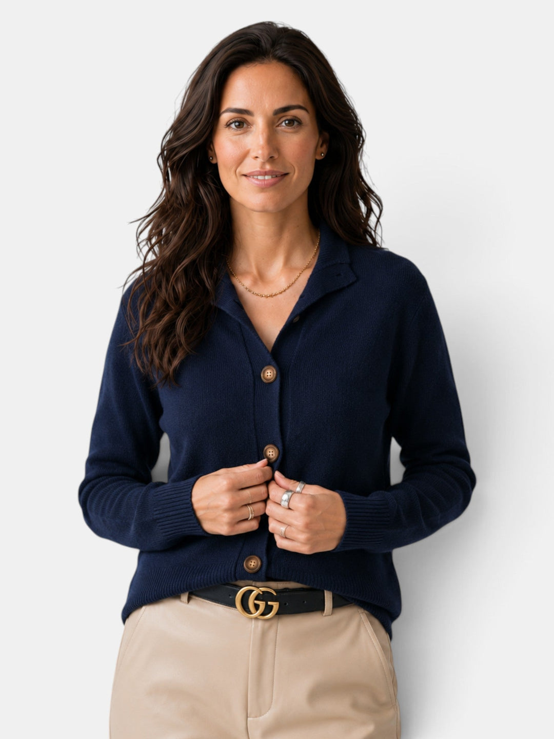 Women's short button-front knit cardigan with high collar and long sleeves