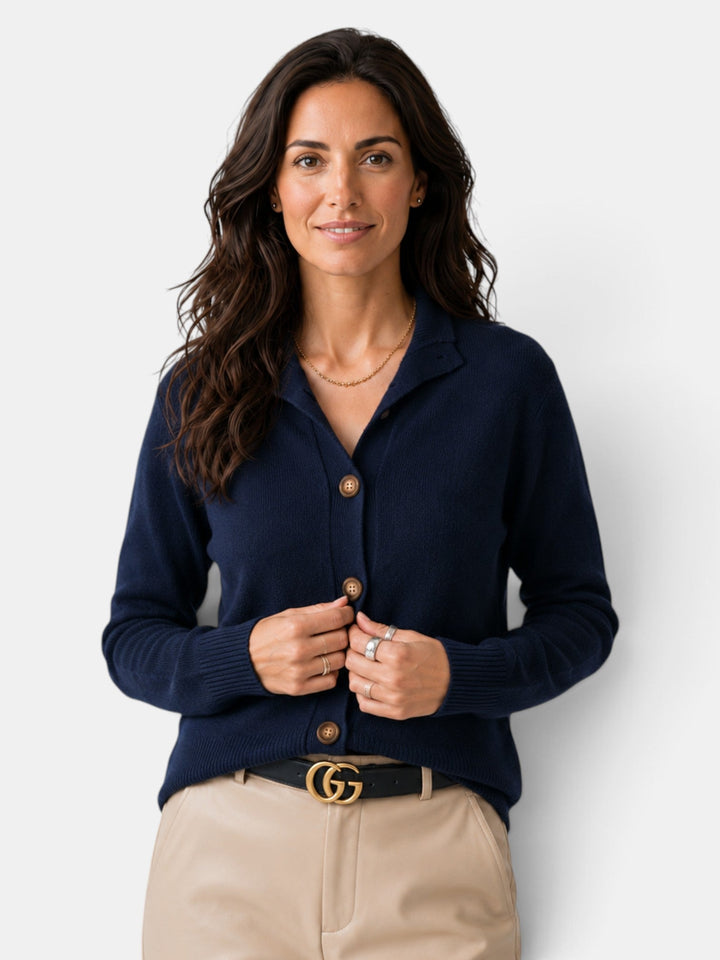 Women's short button-front knit cardigan with high collar and long sleeves