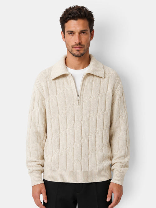 Men's cable knit quarter-zip sweater with spread collar and long sleeves