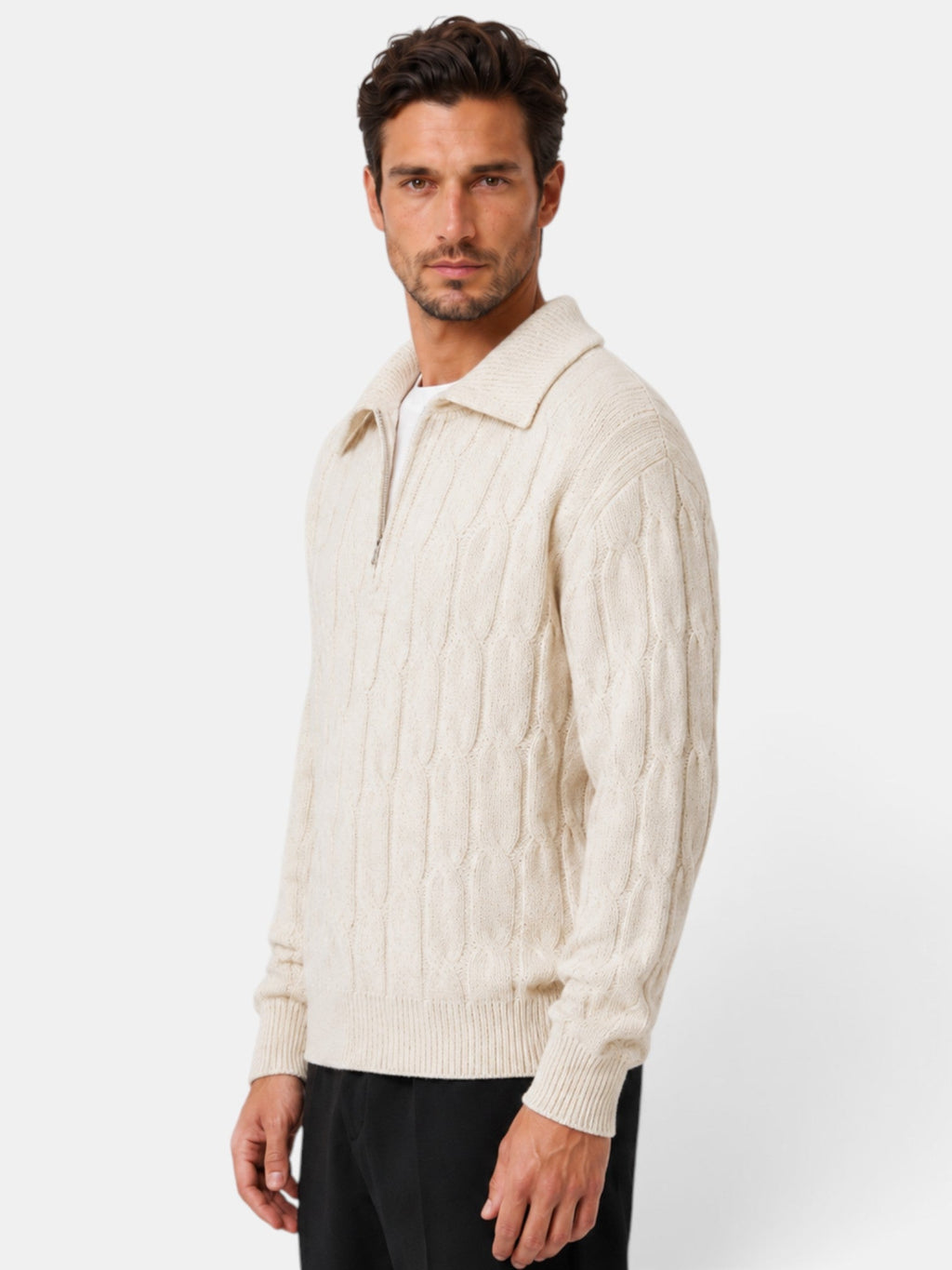 Men's cable knit quarter-zip sweater with spread collar and long sleeves