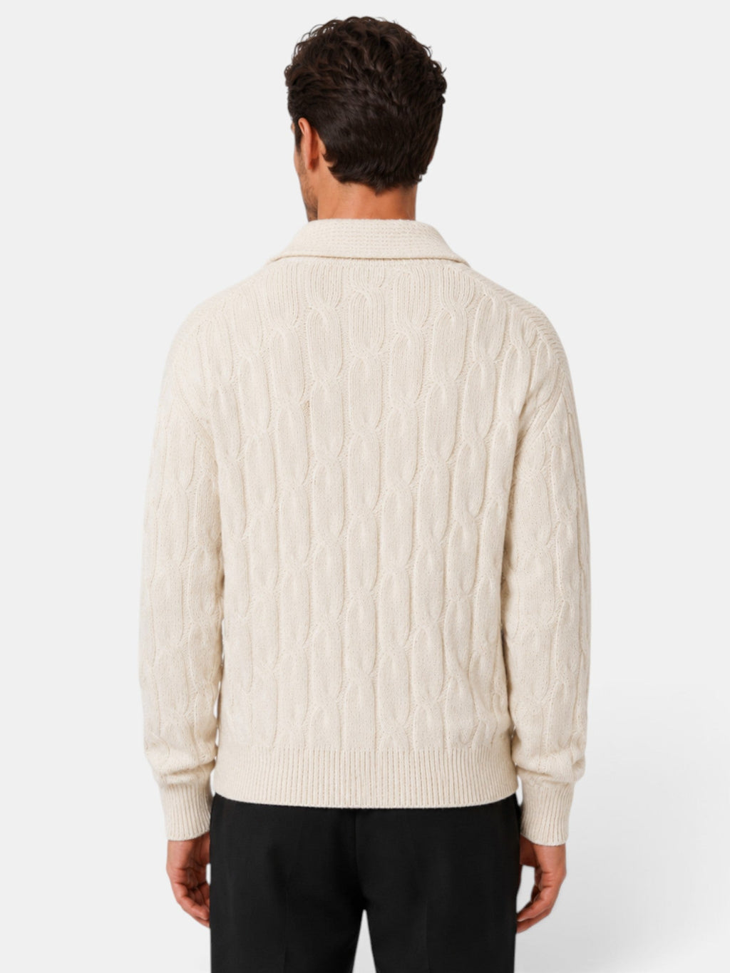Men's cable knit quarter-zip sweater with spread collar and long sleeves