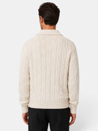Men's cable knit quarter-zip sweater with spread collar and long sleeves